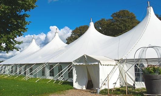 a line of sleek and modern porta potties ready for use at an upscale corporate event in Pine Haven